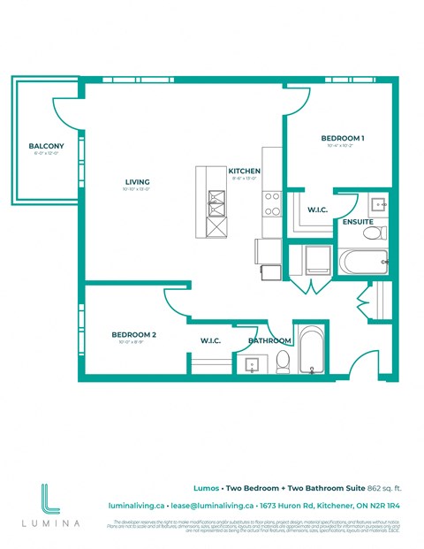 a floor plan for a two bedroom unit with two bathrooms and a balcony